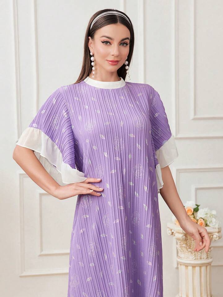 CM-DS265121 Women Trendy Bohemian Style Floral Print Color Block Lotus Leaf Short Sleeve Dress