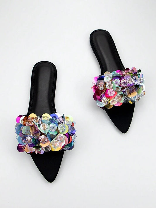 CM-SHS858595 Women Trendy Seoul Style Beads Embroidery 3D Floral Decor Pointed Toe Flat Mules - Black