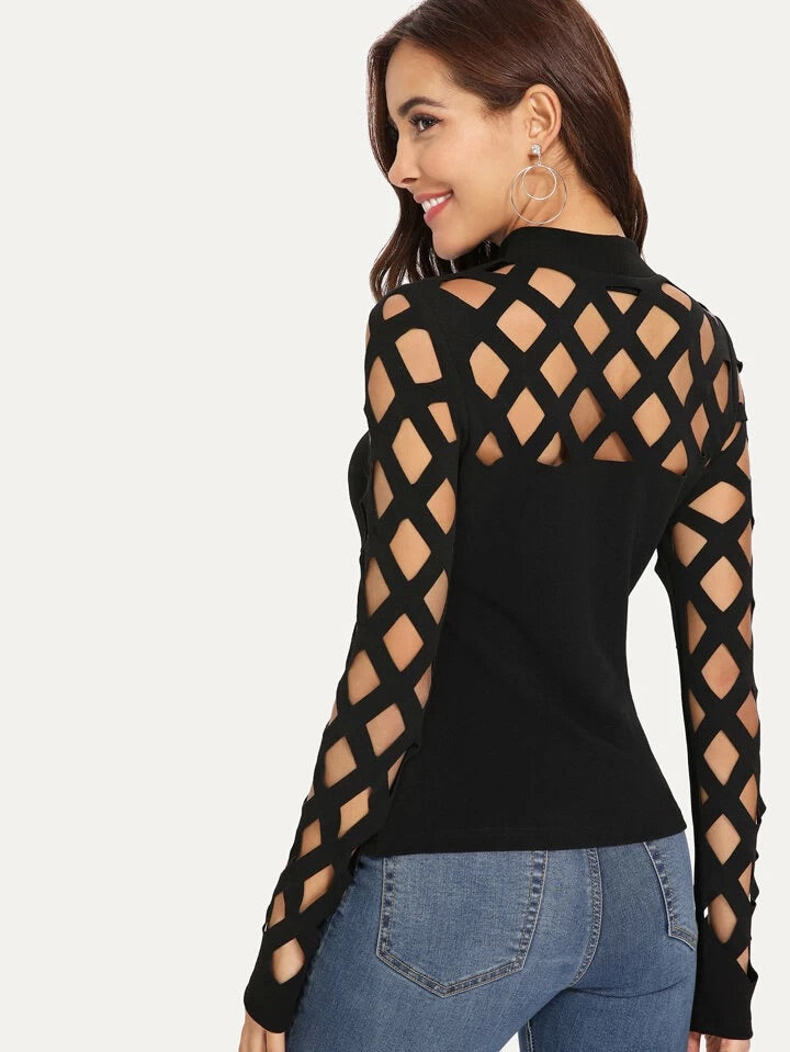 CM-TS502713 Women Casual Seoul Style Mock Neck Cage Yoke Sleeve Top - Black