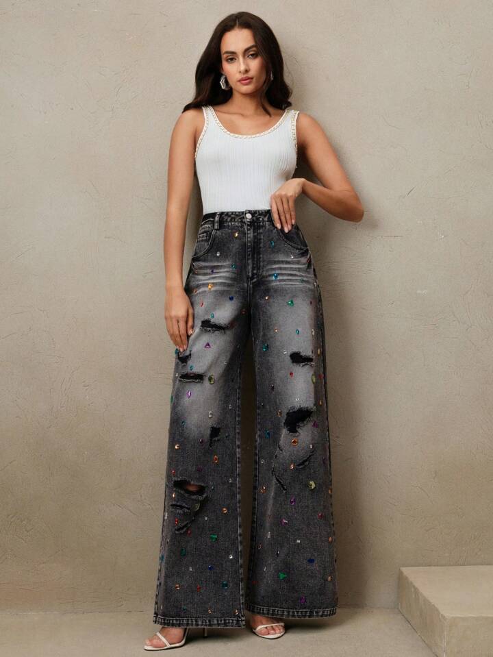 CM-BS569374 Women Elegant Seoul Style Distressed Colored Rhinestone Embellished Jeans - Black