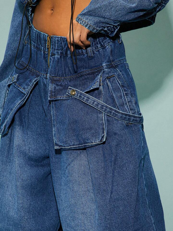 CM-BS219390 Women Casual Seoul Style Medium Wash High Waist Front Zipper Pocket Wide Leg Jeans