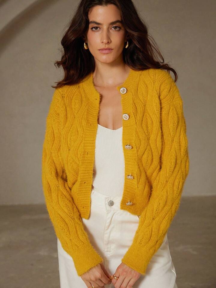 CM-CS125063 Women Elegant Seoul Style Solid Color Argyle Pattern Crew Neck Long Sleeve Rib-Knit Cardigan - Yellow