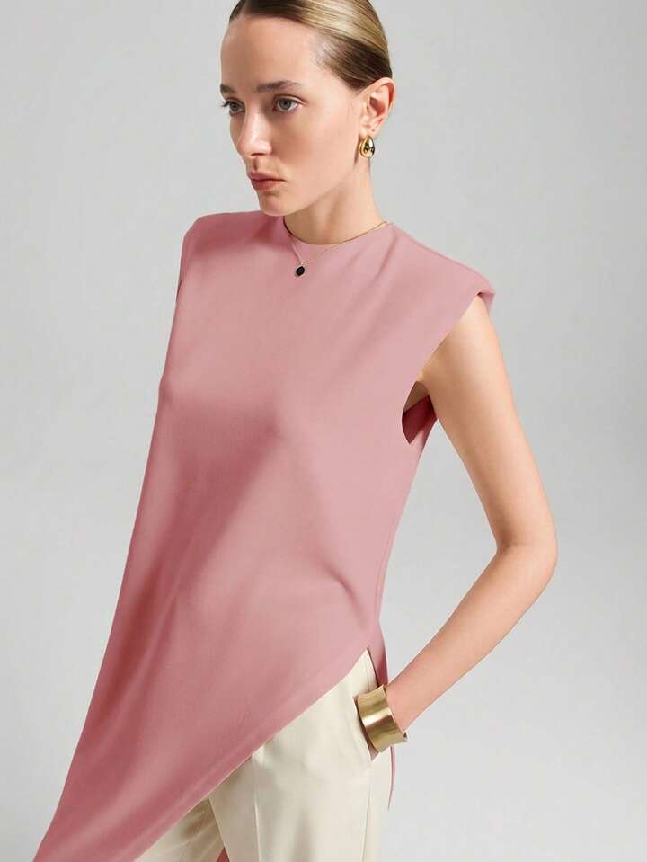 CM-TS641430 Women Casual Seoul Style Round Neck Wide Shoulder Sleeveless Asymmetric Hem Mid-Length Top - Pink