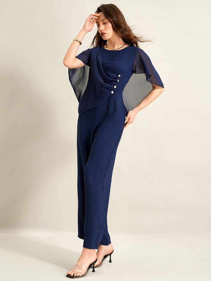 CM-JS259882 Women Elegant Seoul Style Round Neck Cloak Sleeve Chiffon Jumpsuit - Navy Blue