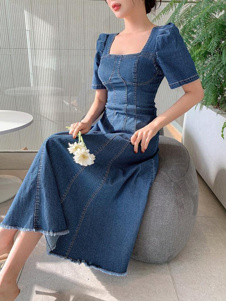CM-DS600208 Women Casual Seoul Style Square Neckline Puff Sleeve Frayed Hem Denim Dress - Blue