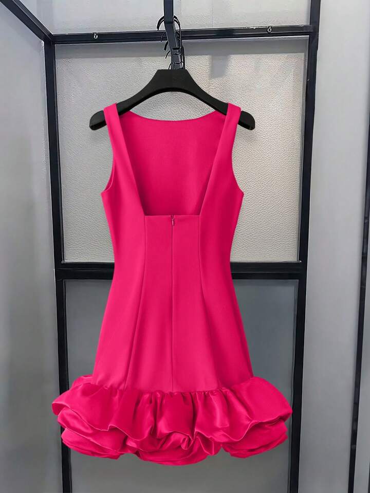 CM-DS365485 Women Elegant Seoul Style Round Neck Sleeveless Ruffle Hem Short A-Line Dress - Hot Pink