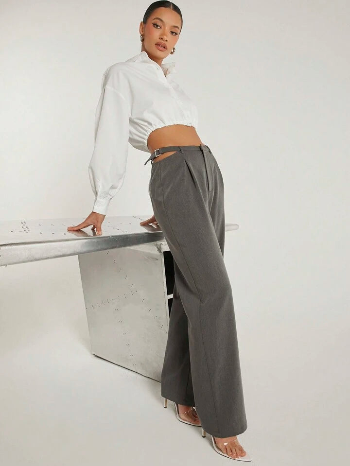 CM-BS372483 Women Casua; Seoul Style Buckle Cut Out Waist Wide Leg Pants - Dark Gray