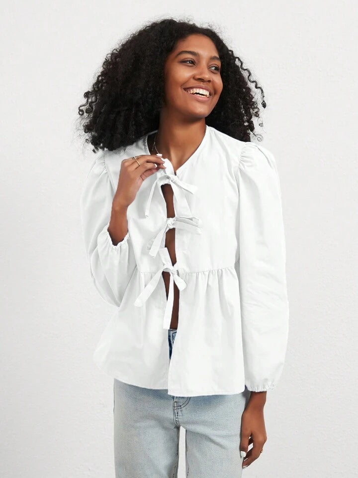 CM-TS961973 Women Casual Seoul Style Print Ruffle Hem Tie Long Sleeve Shirt - White