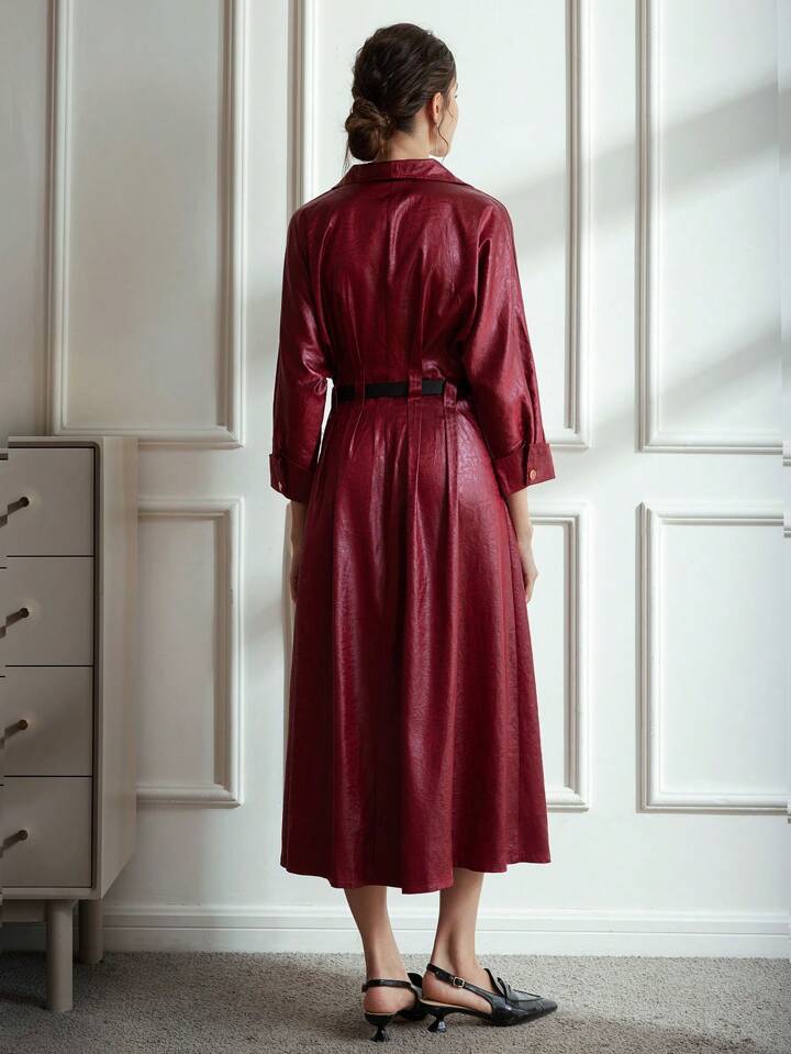 CM-DS128383 Women Elegant Seoul Style 3D Floral CollarMetallic Button Drop Shoulder Shiny Dress - Red