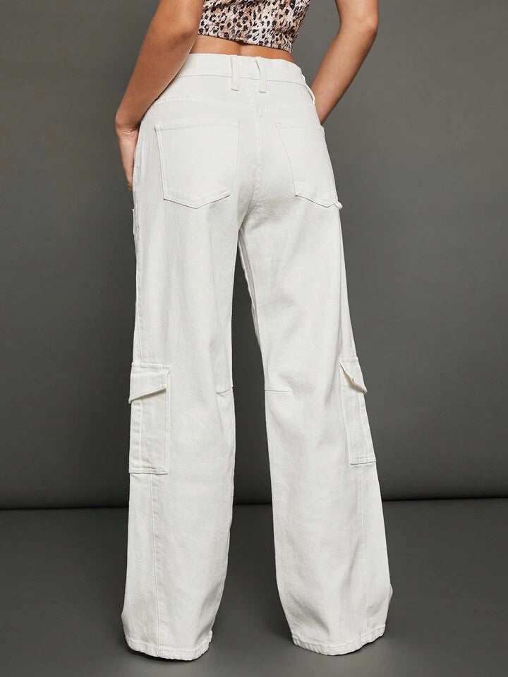 CM-BS703730 Women Casual Seoul Style Plain Zipper Fly Wide Leg Cargo Jeans - White