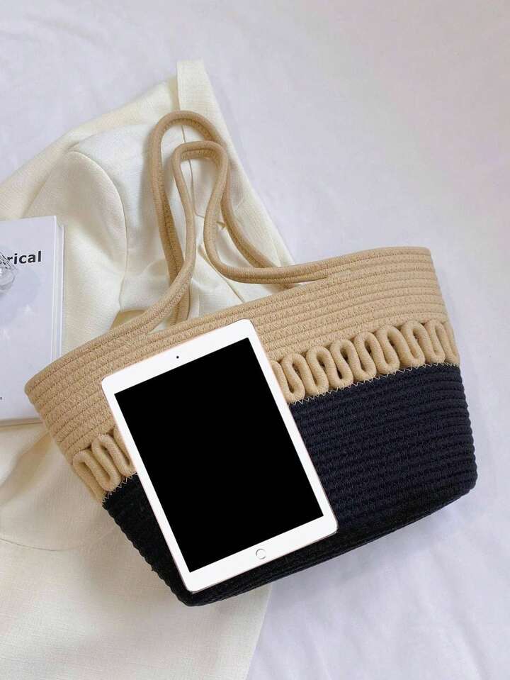 CM-BGS407551 Women Trendy Seoul Style Double Handle Colorblock Beach Bag - Black