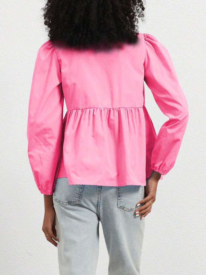 CM-TS042575 Women Casual Seoul Style Print Ruffle Hem Tie Long Sleeve Shirt - Hot Pink