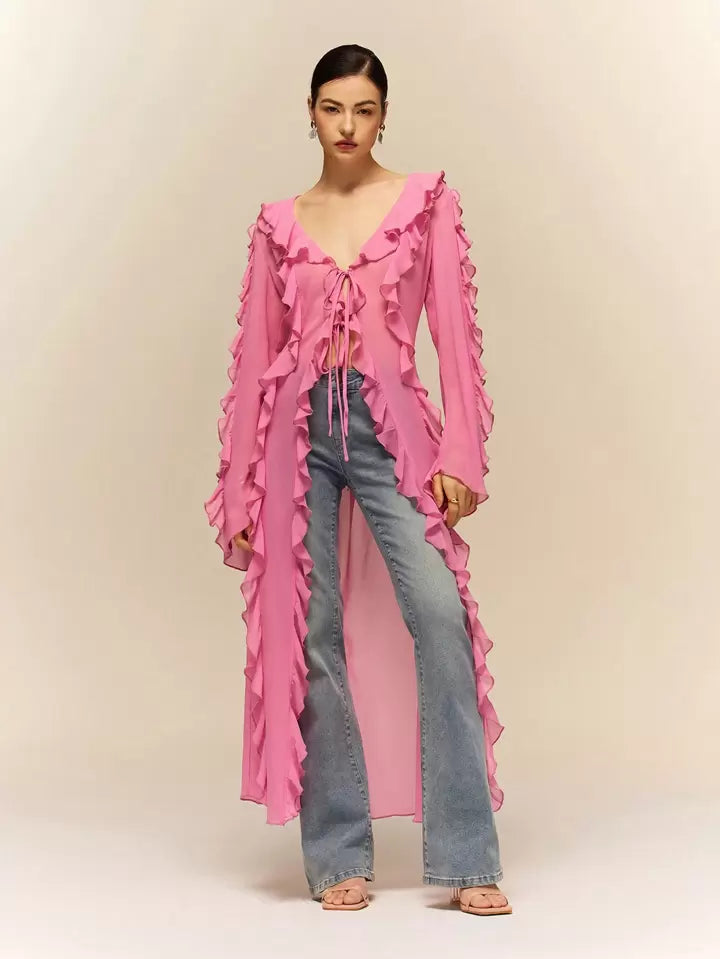 CM-TS168445 Women Casual Seoul Style Ruffle Tie Neck Extra Long Sleeve Sheer Long Shirt - Pink