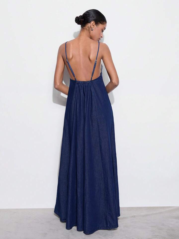 CM-DS922810 Women Casual Seoul Style Dark Wash Spaghetti Strap Slip Backless Denim Dress