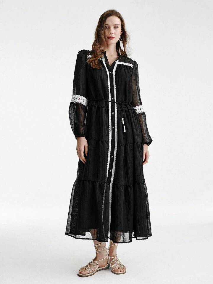 CM-DS567160 Women Casual Seoul Style Lace Contrast Color Chiffon Patchwork Lantern Sleeve Cinched Waist Cake Dress