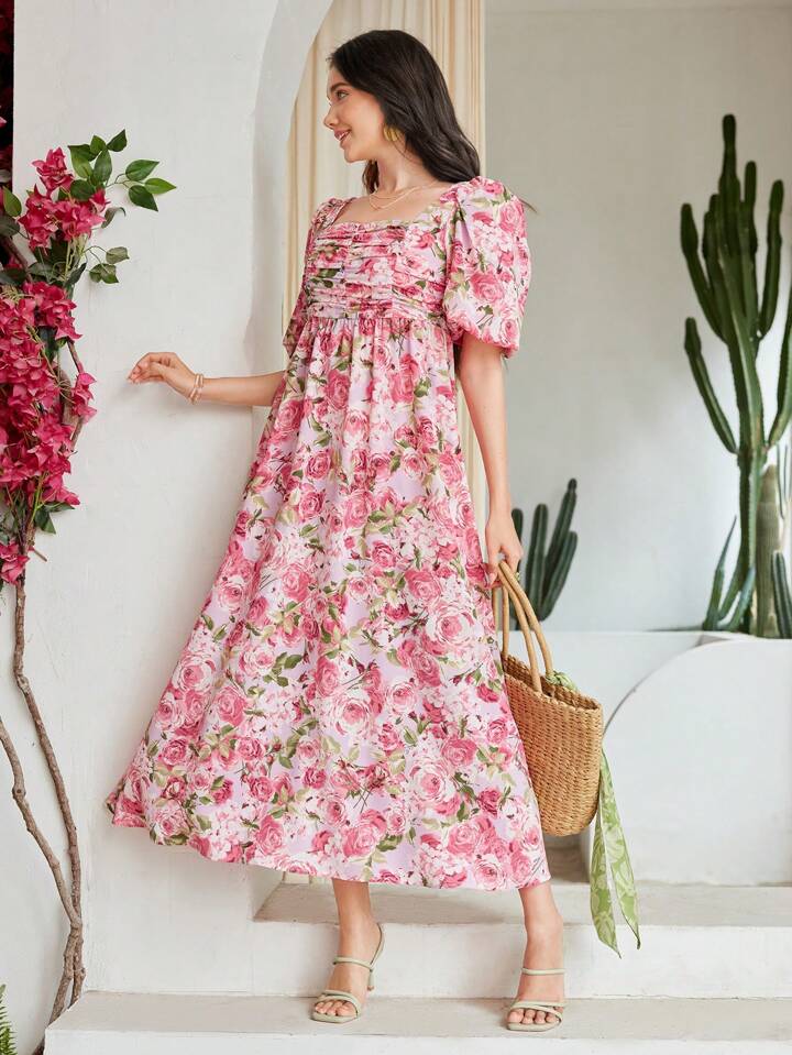 CM-DS917498 Women Trendy Bohemian Style Floral Print Square Neckline Pleated Dress
