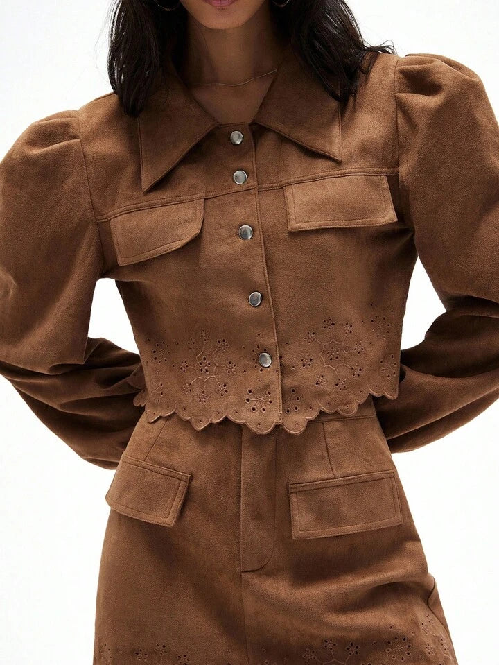 CM-SS666861 Women Elegant Seoul Style Floral Embroidery Faux Suede Puff Sleeve Cargo Jacket With Skirt - Set