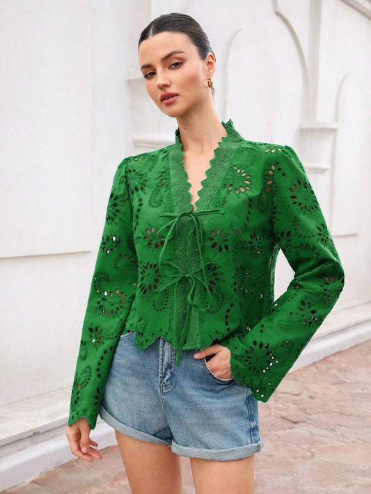CM-TS773273 Women Trendy Bohemian Style Bowknot Tie Frayed Hem Embroidered Loose Long Sleeve Blouse - Green