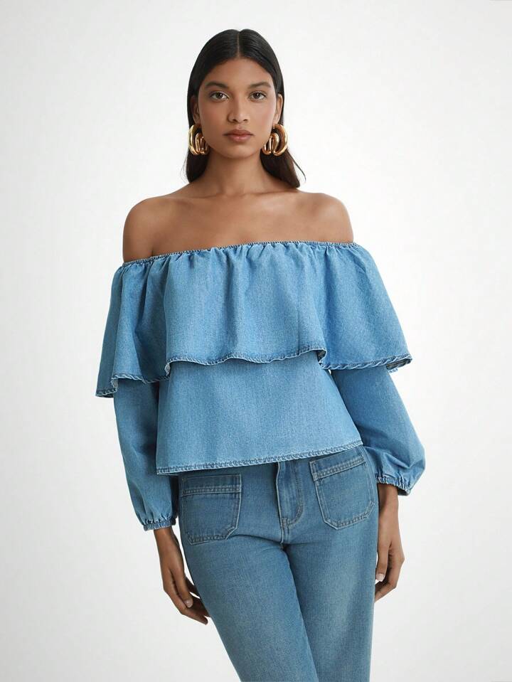 CM-TS834727 Women Trendy Bohemian Style Medium Wash Off Shoulder Lantern Sleeve Denim Blouse