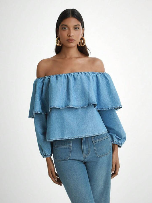 CM-TS834727 Women Trendy Bohemian Style Medium Wash Off Shoulder Lantern Sleeve Denim Blouse