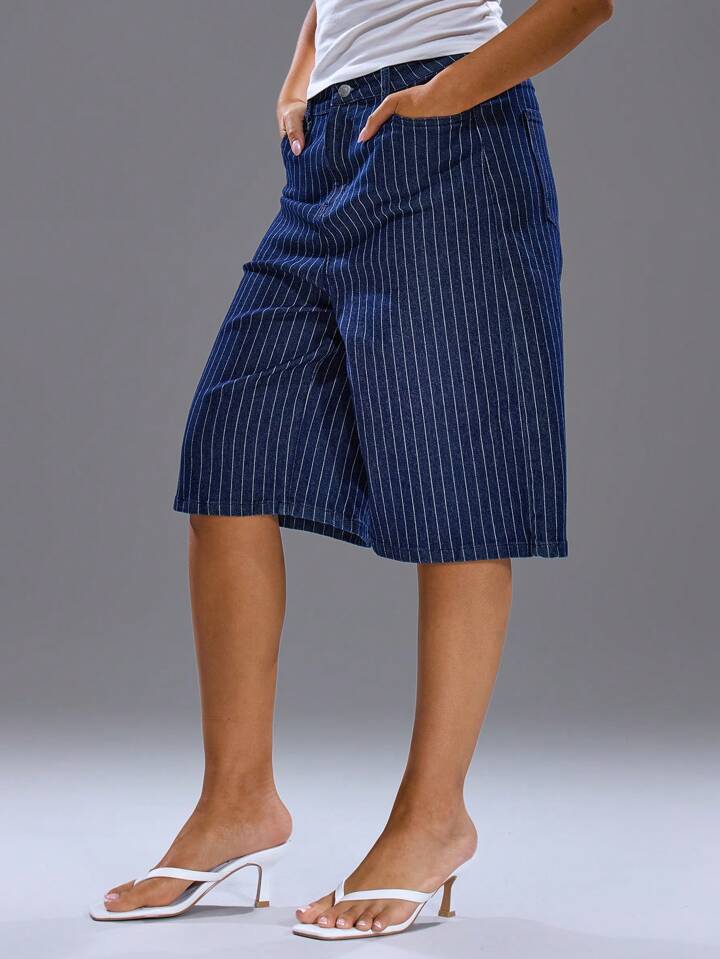 CM-BS726982 Women Casual Seoul Style Dark Wash Low Waist Longline Pinstripe Denim Jorts