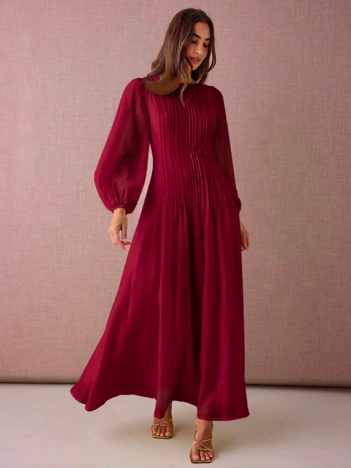 CM-DS919801 Women Elegant Seoul Style Round Neck Lantern Sleeve Pleated Design A-Line Maxi Dress - Burgundy