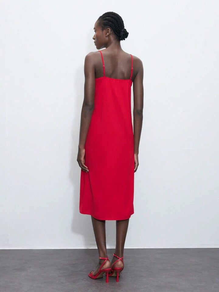 CM-DS827997 Women Casual Seoul Style Solid Color Spaghetti Strap Sleeveless Midi Dress - Red