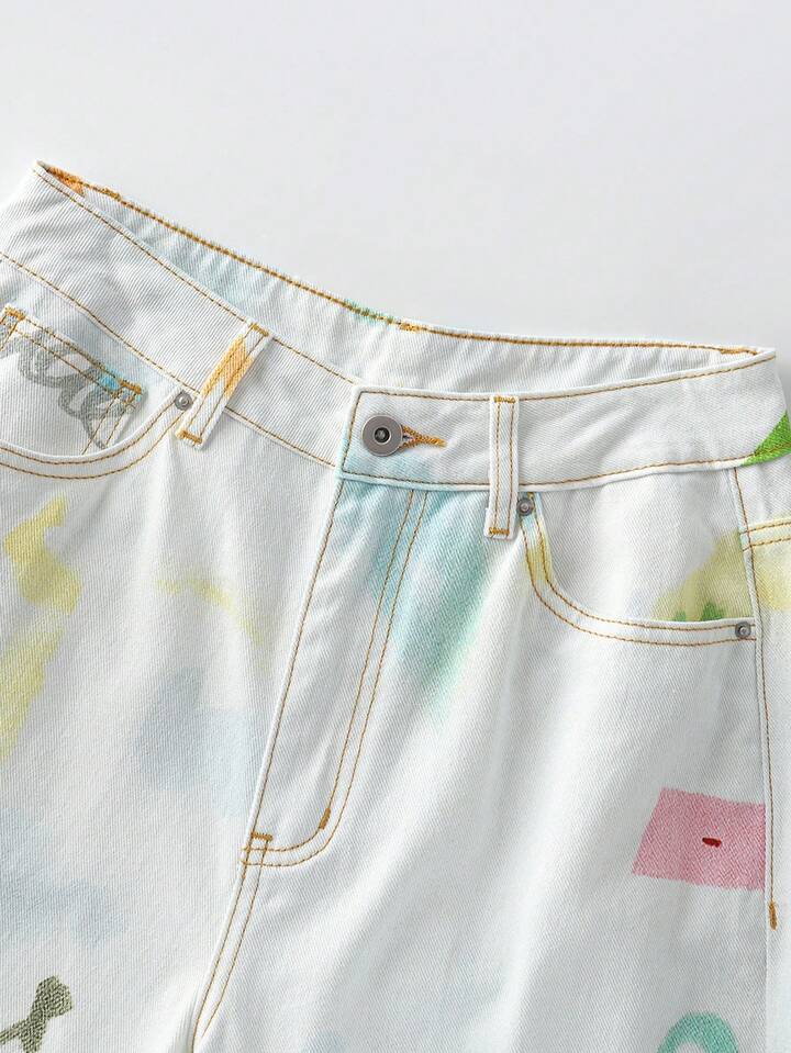 CM-BS825275 Women Casual Seoul Style High Waist Letter Print Pocket Loose Extra Long Wide Leg Jeans
