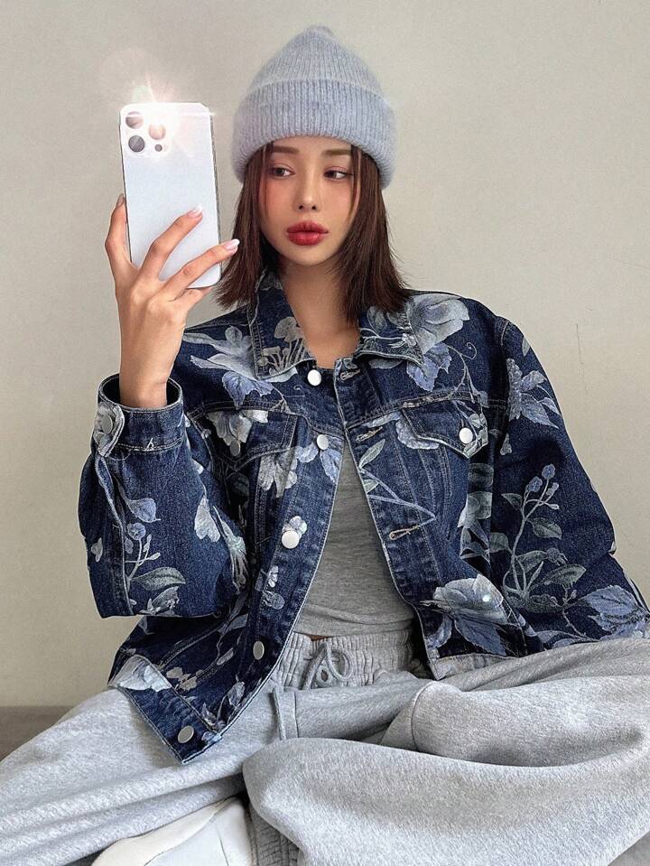 CM-CS547400 Women Casual Seoul Style Medium Wash Floral Printed Single Breasted Long Sleeve Denim Jacket