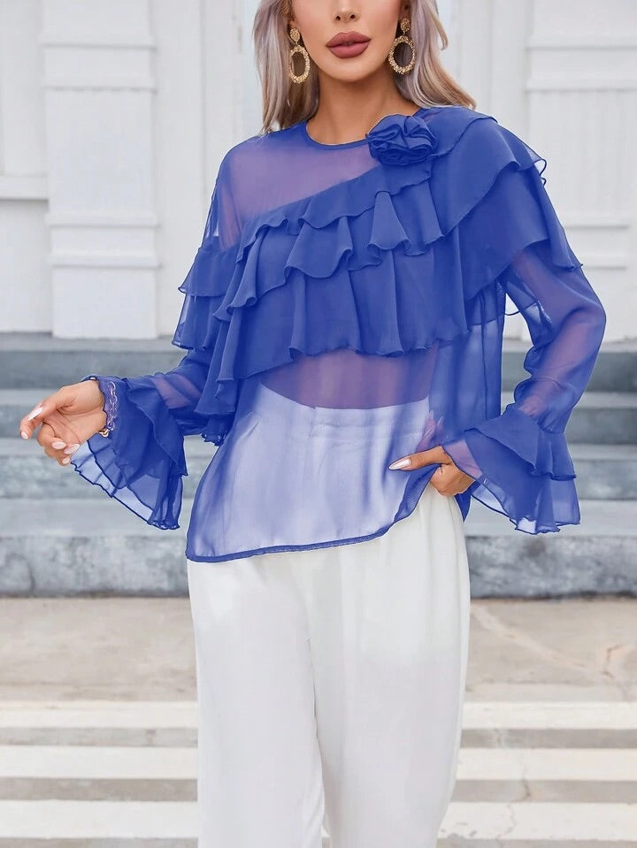 CM-TS826277 Women Elegant Seoul Style 3D Floral Decorated Ruffle Trim Blouse - Blue