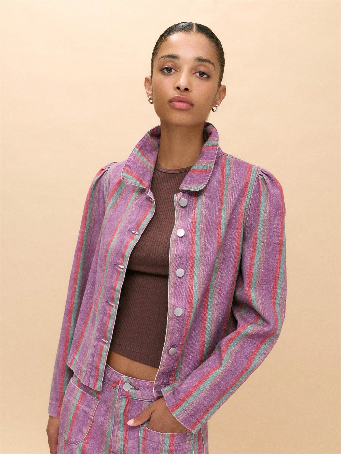 CM-CS651518 Women Elegant Seoul Style Collar Puff Long Sleeve Button Front Striped Jacket