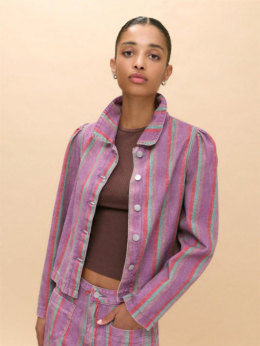 CM-CS651518 Women Elegant Seoul Style Collar Puff Long Sleeve Button Front Striped Jacket