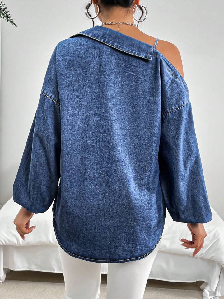 CM-TS782198 Women Casual Seoul Style Medium Wash Oversized Long Sleeve Open Shoulder Denim Top