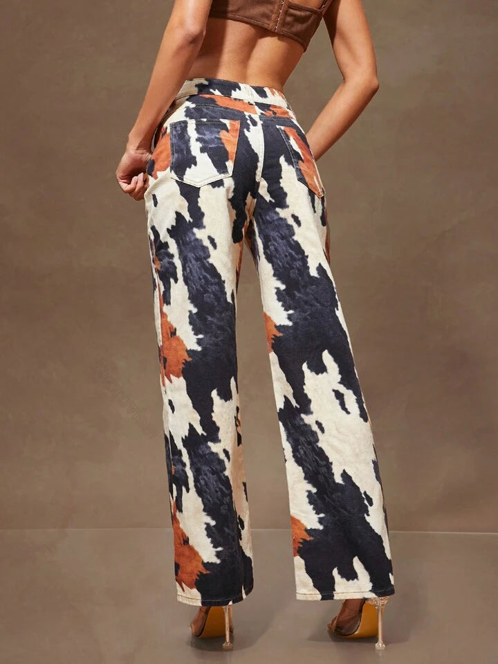 CM-BS851046 Women Casual Seoul Style Low Rise Baggy Printed Dual Pocket Straight Leg Loose Denim Jeans