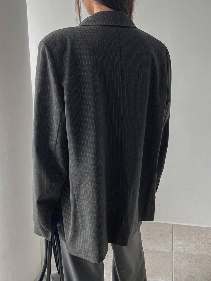 CM-CS910221 Women Elegant Seoul Style Striped Lapel Neckline Long Sleeve Suit Jacket - Gray