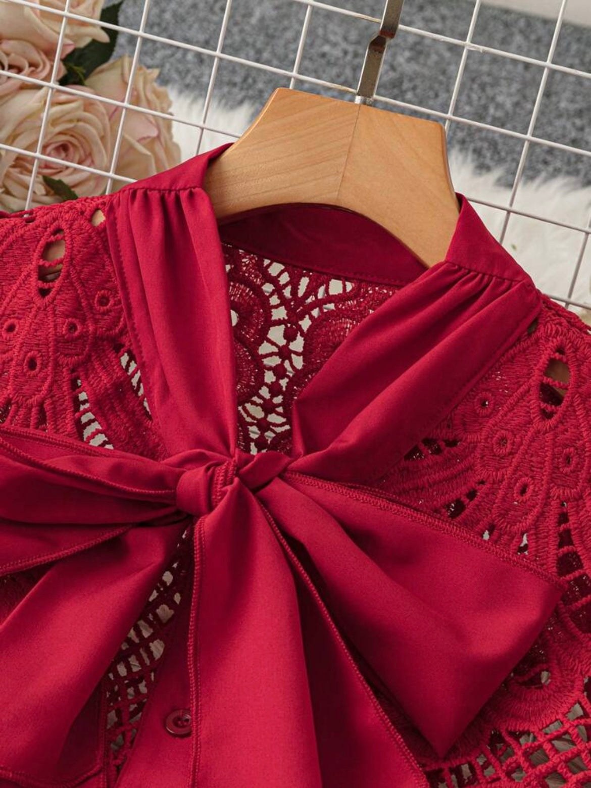 CM-TS420704 Women Elegant Seoul Style Lace Trim Bow Collar Embroidery Long Sleeve Blouse - Red