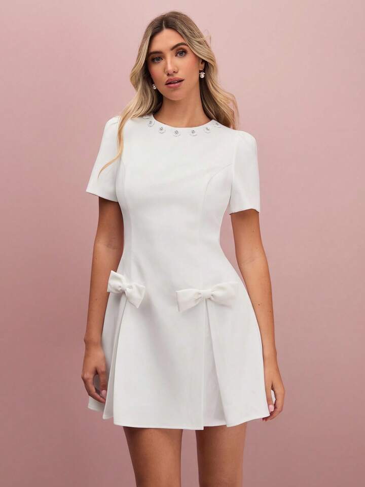 CM-DS731183 Women Elegant Seoul Style Round Neck Short Sleeve Bow Decor Mini Dress - White