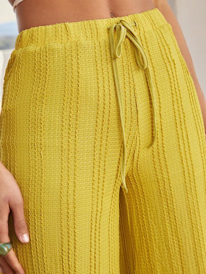 CM-BS666605 Women Trendy Bohemian Style Knitted Jacquard Wide Leg Pants - Mustard Yellow