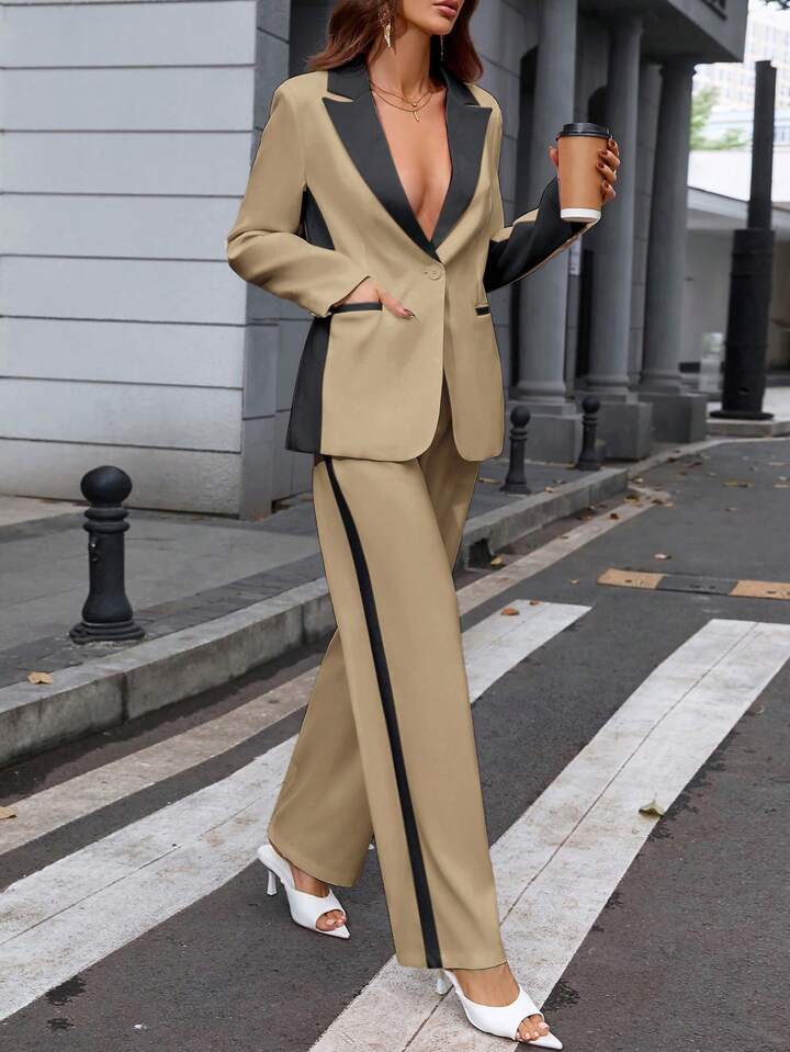 CM-SS512209 Women Elegant Seoul Style Contrast Color Lapel Neckline Long Sleeve Blazer With Suit Pants - Set