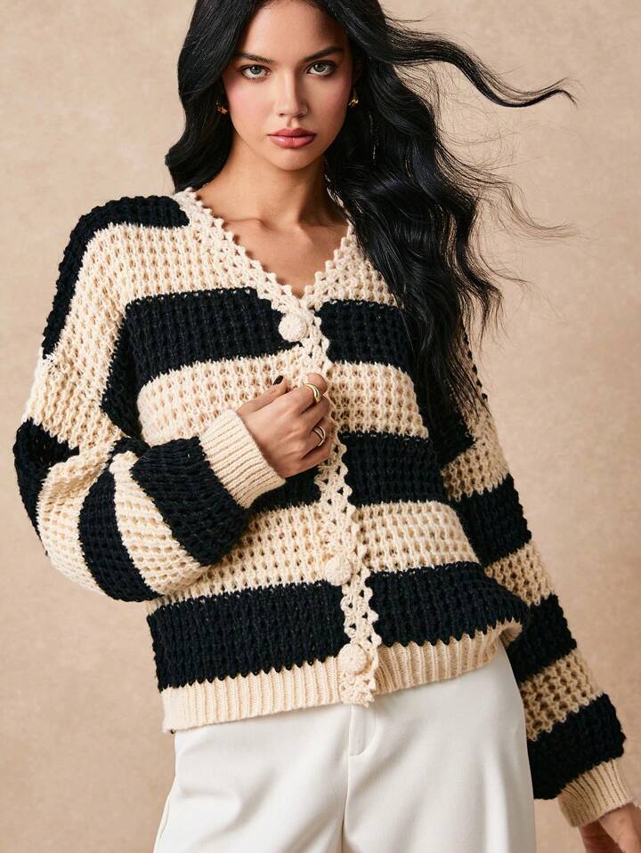 CM-CS348000 Women Casual Seoul Style Striped Drop Shoulder Long Sleeve Single Breasted Cardigan