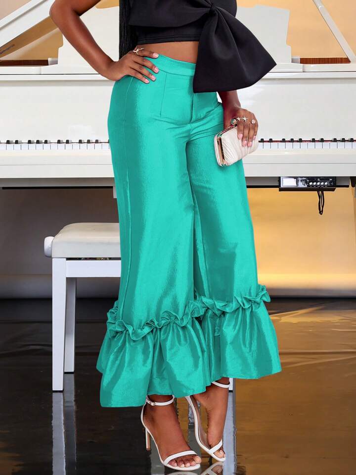 CM-BS112010 Women Elegant Seoul Style Bell Bottom Ruffle Trim Wide Leg Pants - Green