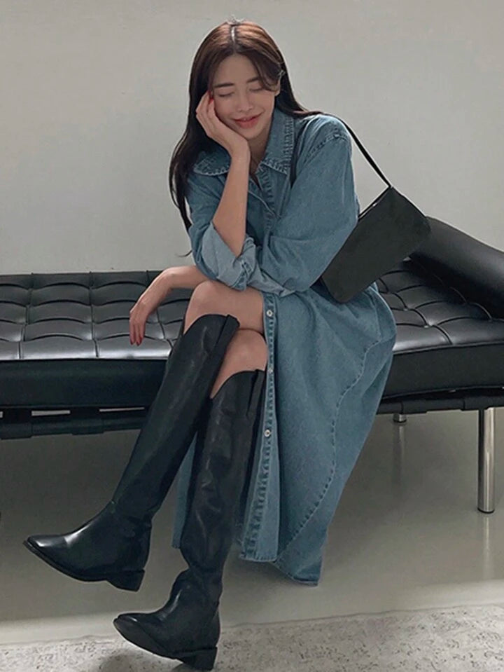 CM-DS093431 Women Casual Seoul Style Front Button Closure Dropped Shoulder Loose Denim Dress - Blue