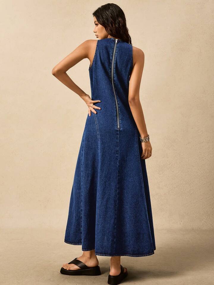 CM-DS674256 Women Casual Seoul Style Round Neck Sleeveless Mid Waist Split Loose Denim Dress - Blue