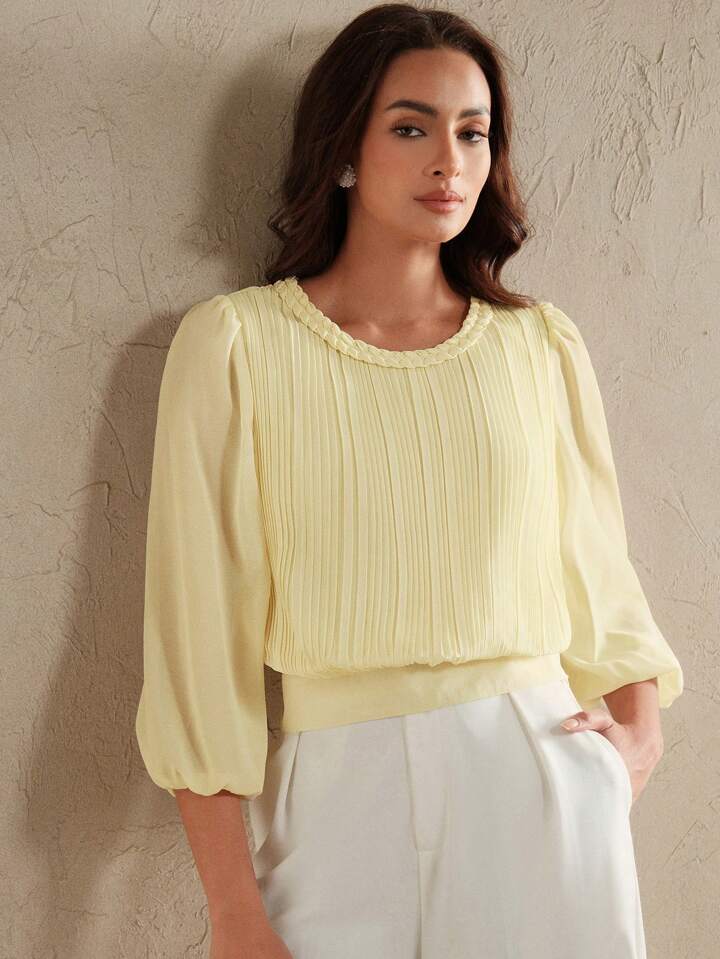CM-TS652461 Women Elegant Seoul Style Cable Knit Round Neck Pleated Lantern Sleeve Slim Fit Blouse - Yellow