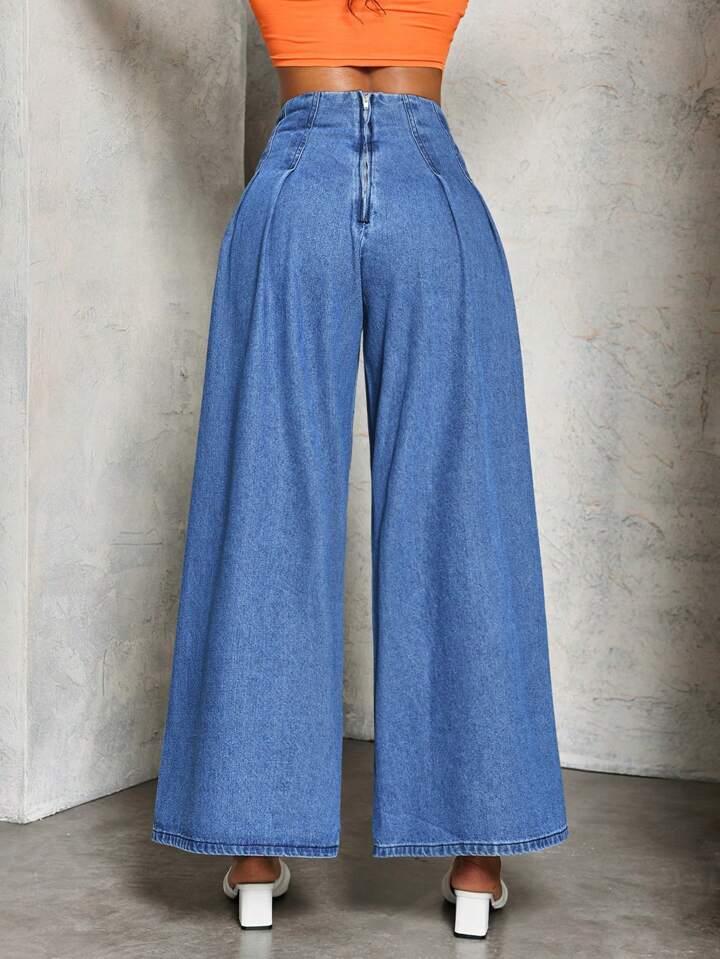 CM-BS299895 Women Casual Seoul Style Medium Wash High Waist Pleated Loose Wide Leg Jeans