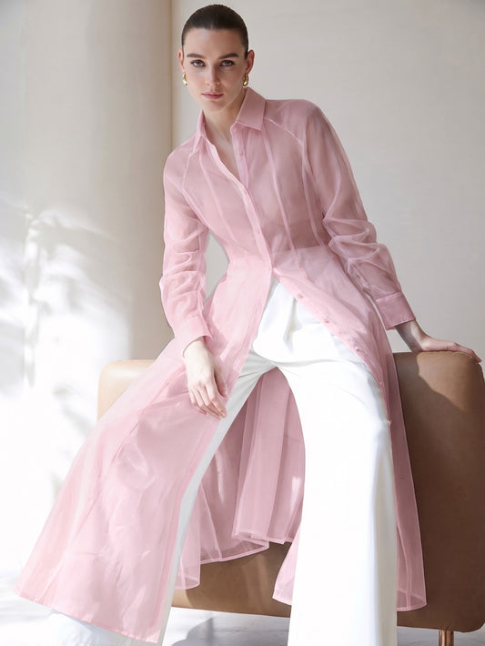 CM-TS386076 Women Casual Seoul Style Translucent Textured V-Neck Long Sleeve Gathered Waist Shirtdress - Pink