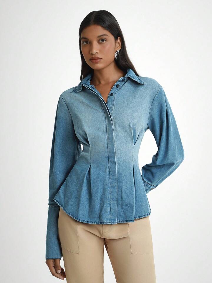 CM-TS723297 Women Elegant Seoul Style Medium Wash Collar Neckline Waist Cinched Long Sleeve Pleated Denim Shirt