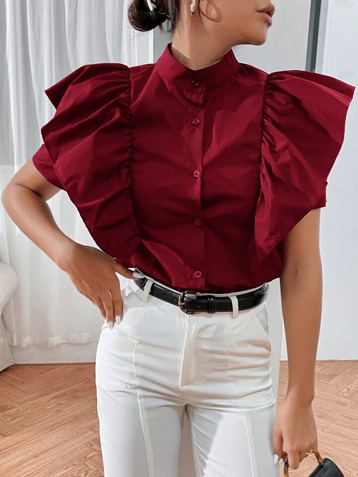 CM-TS056966 Women Casual Seoul Style Ruffle Trim Button Front Shirt - Red