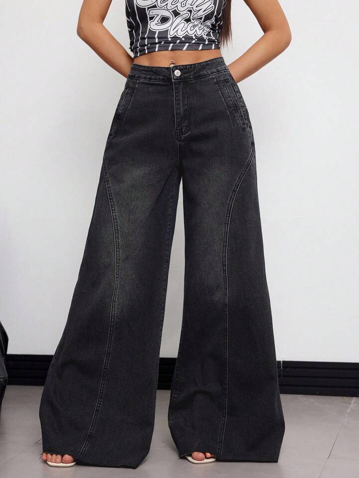 CM-BS765001 Women Elegant Seoul Style High Waist Loose Fit Pockets Wide Leg Jeans - Black