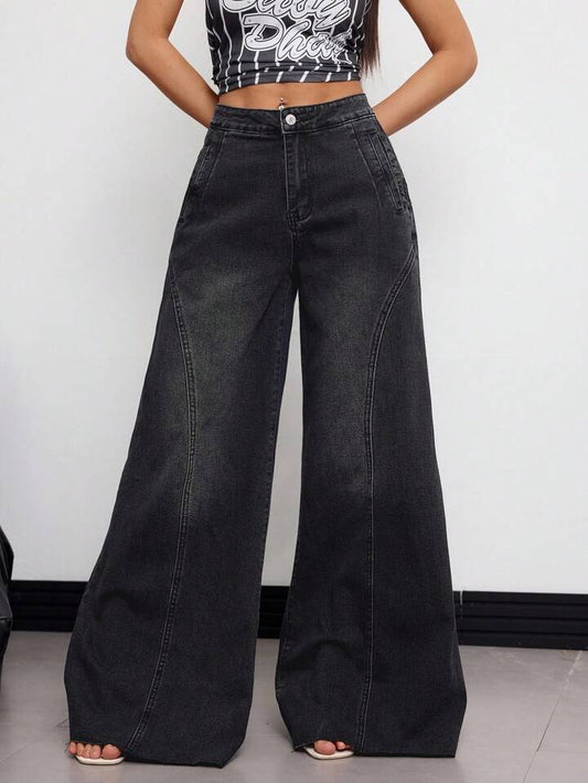 CM-BS765001 Women Elegant Seoul Style High Waist Loose Fit Pockets Wide Leg Jeans - Black